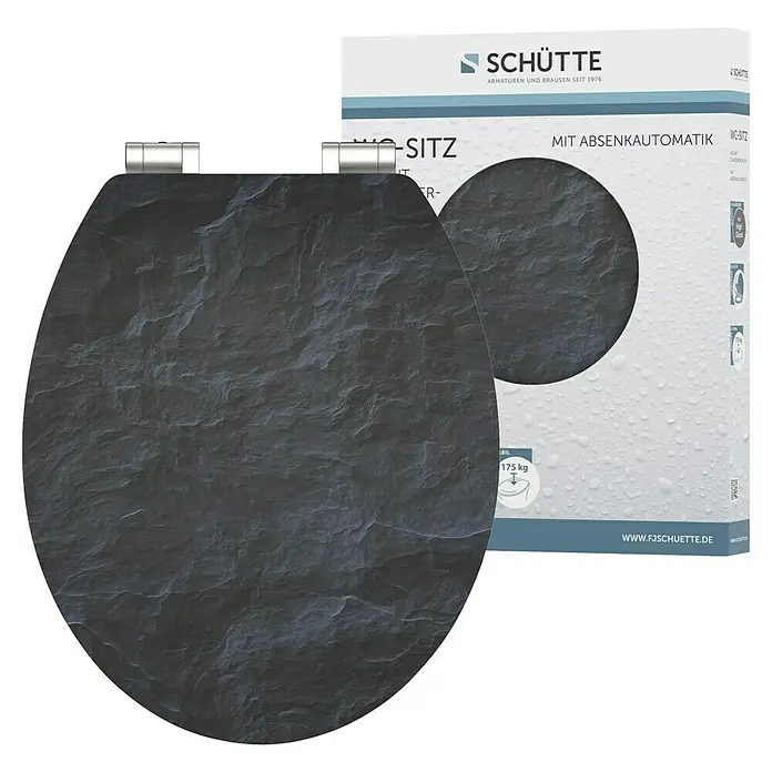Schütte WC-Sitz Black Stone - MDF, Schwarz, Mit Absenkautomatik - WC-Sitz "Schiefer" von Schütte: Mit Absenkautomatik, stilvoller Steinoptik. Belastbar bis 175 kg, einfache Montage. Ein Blickfang im Bad!