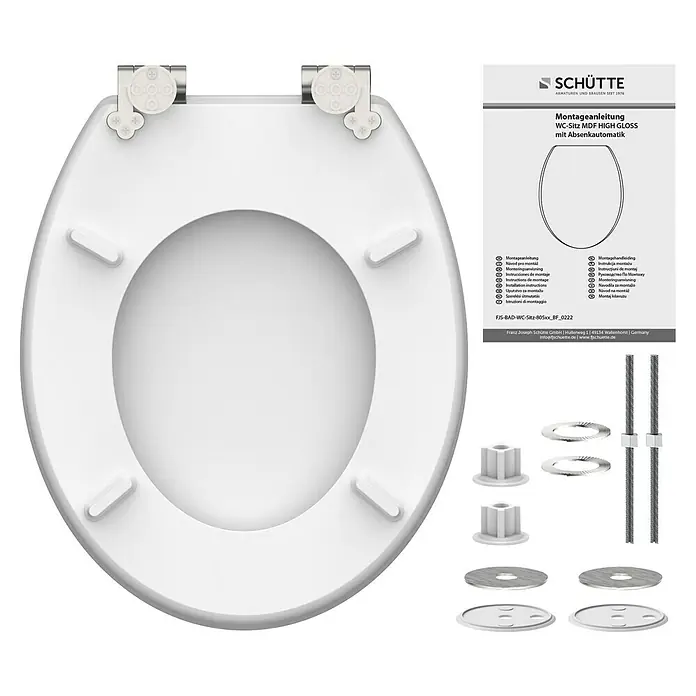 Schütte WC-Sitz Grey Steel - MDF, Grau, Mit Absenkautomatik - Bild eines weißen SCHÜTTE WC-Sitzes MDF HIGH GLOSS mit Absenkautomatik, zusammen mit Montageanleitung und Zubehör.