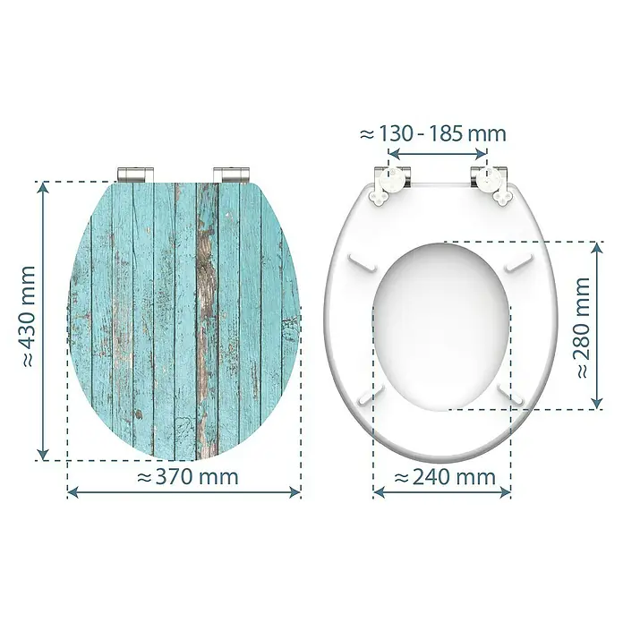 Schütte WC-Sitz Blue Wood - MDF, Türkis/Braun, Mit Absenkautomatik - Abmessungen des WC-Sitzes mit blauem Holzdesign. Die Maße sind Länge, Breite und Abstand der Befestigungen.