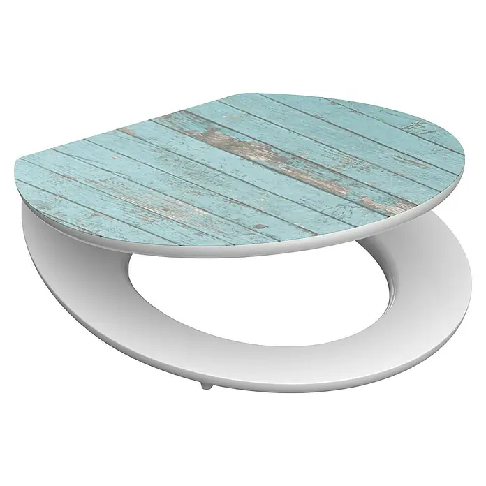 Schütte WC-Sitz Blue Wood - MDF, Türkis/Braun, Mit Absenkautomatik - Ein Toilettensitz mit blauem Holzdesign, der eine rustikale Note in jedes Badezimmer bringt. Der weiße Sitz ist leicht zu reinigen und zu montieren.
