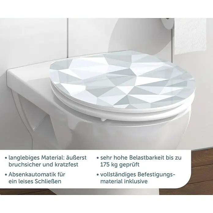 Schütte WC-Sitz Diamond - MDF, Weiß/Grau, Mit Absenkautomatik - Toilettensitz mit geometrischem Muster.
