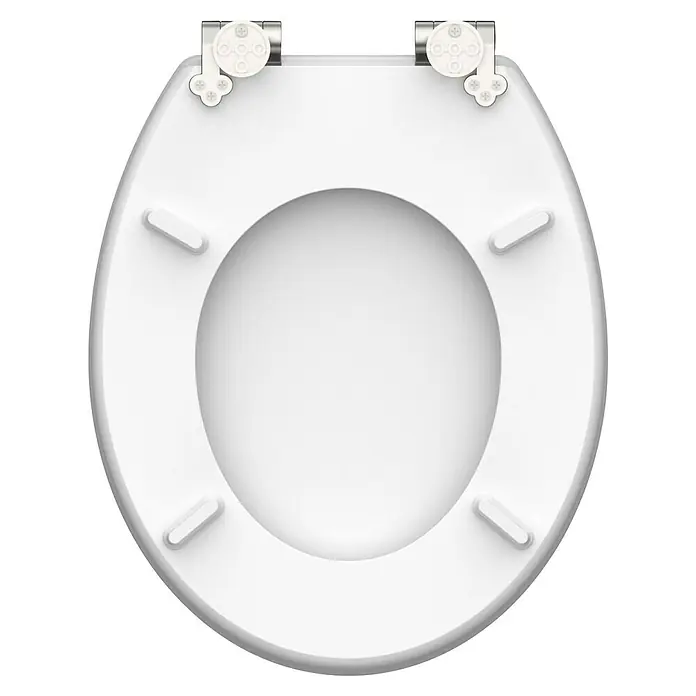 Schütte WC-Sitz Grey Steel - MDF, Grau, Mit Absenkautomatik - Ansicht von oben eines weißen Toilettensitzes mit glatter Oberfläche und Chromscharnieren, der Komfort und Hygiene vereint.