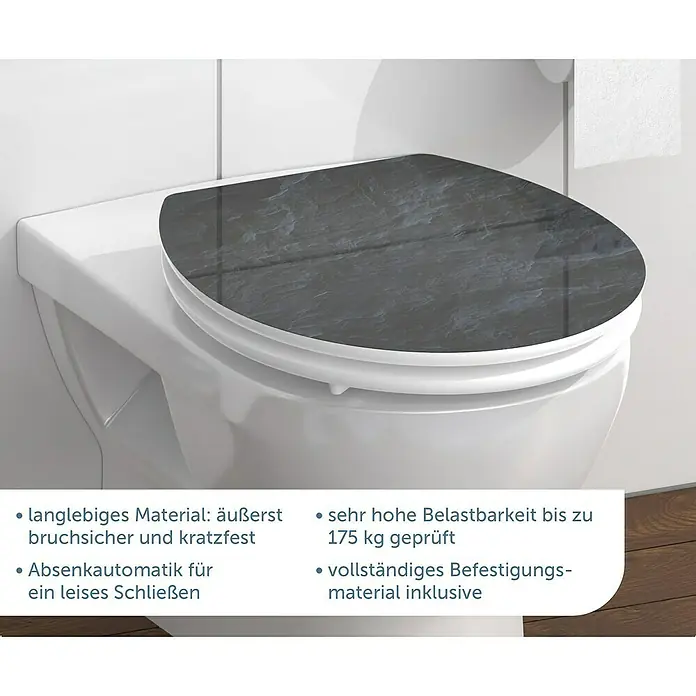 Schütte WC-Sitz Black Stone - MDF, Schwarz, Mit Absenkautomatik - Ein elegantes WC mit einem robusten Deckel in Schieferoptik, der bis zu 175 kg Belastung aushält und sich sanft schließt.