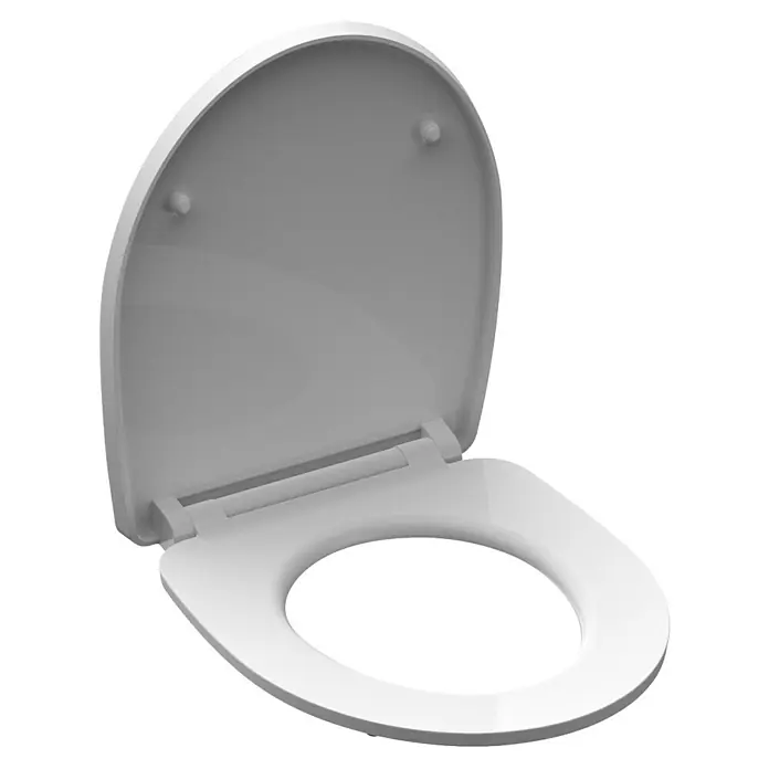 Schütte WC-Sitz White Wave - Duroplast, Weiß/Grau, Mit Absenkautomatik - Das Bild zeigt einen weißen Toilettensitz mit Deckel, der leicht geöffnet ist. Der Sitz ist oval und modern gestaltet.