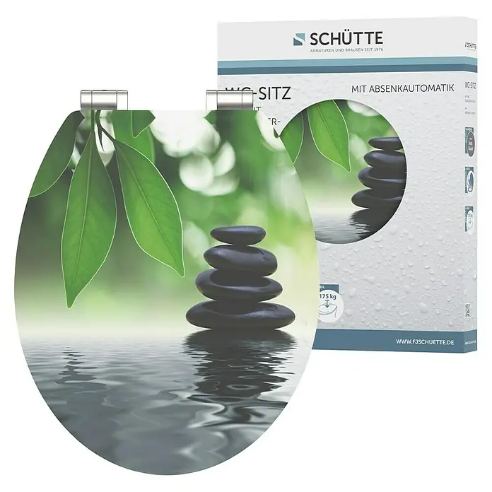Schütte WC-Sitz Oasis - MDF, Grün/Schwarz, Mit Absenkautomatik - WC-Sitz von Schütte mit Absenkautomatik. Der Toilettendeckel mit Zen-Motiv sorgt für Entspannung im Badezimmer. Belastbar bis 175 kg.