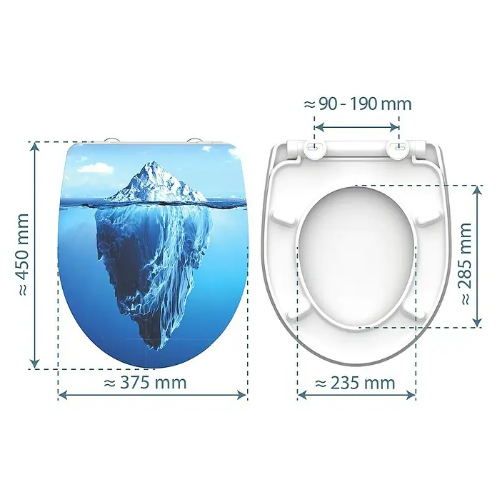 Schütte WC-Sitz Iceberg - Duroplast, Blau, Mit Absenkautomatik - Abbildung eines Toilettensitzes mit den Maßen ca. 450 mm Höhe, 375 mm Breite, Lochabstand von 90-190 mm und einem coolen Eisberg-Design.