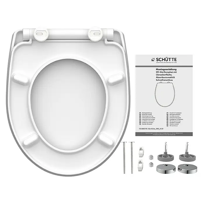 Schütte WC-Sitz White Wave - Duroplast, Weiß/Grau, Mit Absenkautomatik - Abgebildeter Toilettensitz Duroplast mit glänzender Oberfläche, Absenkautomatik und Schnellverschluss mit Montageanleitung und Zubehör.