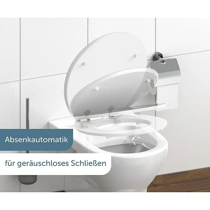 Schütte WC-Sitz Black Stone - MDF, Schwarz, Mit Absenkautomatik - Toilettensitz mit Absenkautomatik für geräuschloses Schließen. Der WC-Sitz ist weiß und hat eine ovale Form.