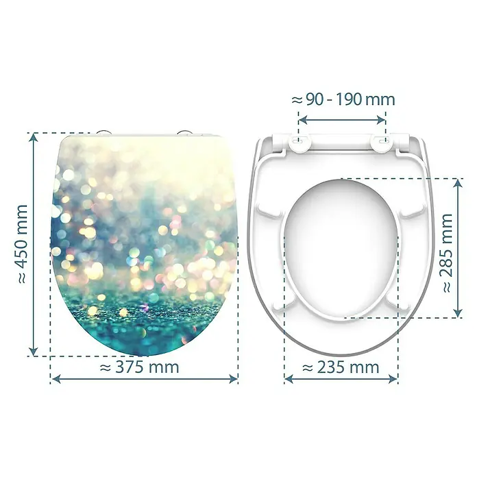 Schütte WC-Sitz Magic Light - Duroplast, Bunt, Mit Absenkautomatik - Abbildung eines Toilettensitzes mit den dazugehörigen Abmessungen.