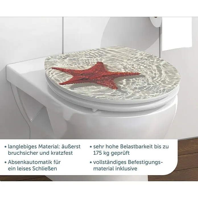 Schütte WC-Sitz Red Starfish - MDF, Beige/Rot, Mit Absenkautomatik - Ein weißer Toilettensitz mit einem roten Seestern-Design und zusätzlichen Produktdetails im Vordergrund.