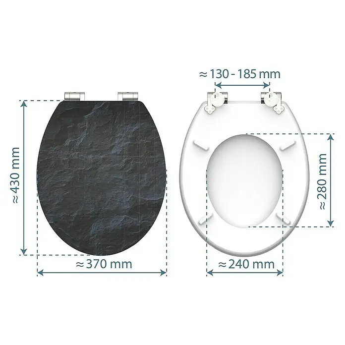 Schütte WC-Sitz Black Stone - MDF, Schwarz, Mit Absenkautomatik - Produktdetails: Toilettensitz mit Steinmuster und Maßangaben für einfache Installation und Kompatibilität mit Standard-WCs.