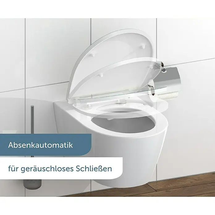 Schütte WC-Sitz Magic Light - Duroplast, Bunt, Mit Absenkautomatik - Das Bild zeigt eine moderne wandhängende Toilette mit Absenkautomatik für geräuschloses Schließen. Die Toilette ist weiß und hängt vor einer weißen Wand.