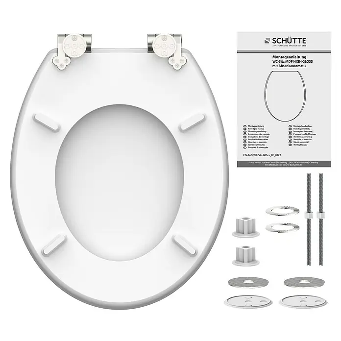 Schütte WC-Sitz Flowers and Wood - MDF, Grau/Rosa, Mit Absenkautomatik - Produktbild: Weißer Schütte WC-Sitz MDF High Gloss mit Absenkautomatik und Montageanleitung. Für eine einfache Installation.