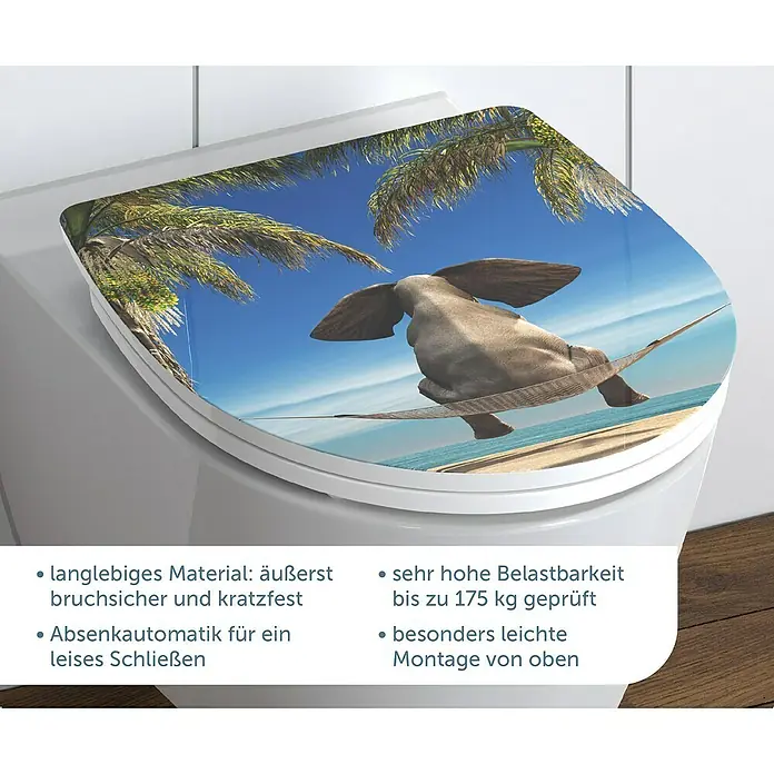 Schütte WC-Sitz Happy Elephant - Duroplast, Bunt, Mit Absenkautomatik - WC-Sitz mit Elefantenmotiv in Hängematte am Strand. Langlebiges Material, hohe Belastbarkeit und einfache Montage von oben.