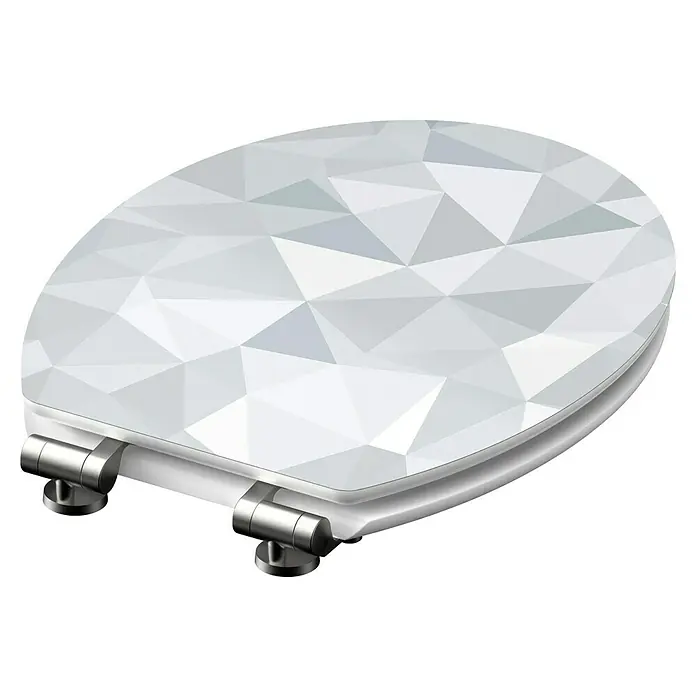 Schütte WC-Sitz Diamond - MDF, Weiß/Grau, Mit Absenkautomatik - Bild einer weißen WC-Brille mit geometrischen Mustern, die ein modernes Design und stilvolle Badezimmerausstattung hervorhebt.