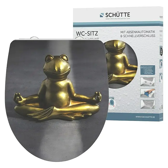 Schütte WC-Sitz Relaxing Frog - Duroplast, Grau/Gold, Mit Absenkautomatik - Produktfoto eines WC-Sitzes mit Froschmotiv der Marke Schütte, das Design ist modern und ansprechend.