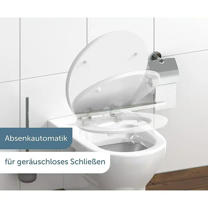 Schütte WC-Sitz Diamond - MDF, Weiß/Grau, Mit Absenkautomatik - Ein weißer Toilettensitz mit Absenkautomatik für geräuschloses Schließen, montiert in einem modernen Badezimmer.