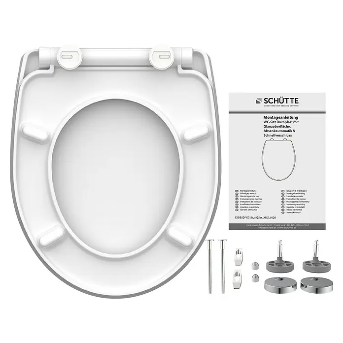Schütte WC-Sitz Relaxing Frog - Duroplast, Grau/Gold, Mit Absenkautomatik - Produktabbildung: Weißer WC-Sitz aus Duroplast mit glänzender Oberfläche, Absenkautomatik und Schnellverschluss. Inklusive Montageanleitung.