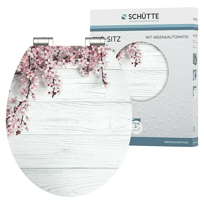 Schütte WC-Sitz Flowers and Wood - MDF, Grau/Rosa, Mit Absenkautomatik - WC-Sitz mit Absenkautomatik von Schütte, stilvolles Design mit Kirschblütenmuster auf weißem Holz. Belastbar bis 175 kg, ideal für jedes Badezimmer.