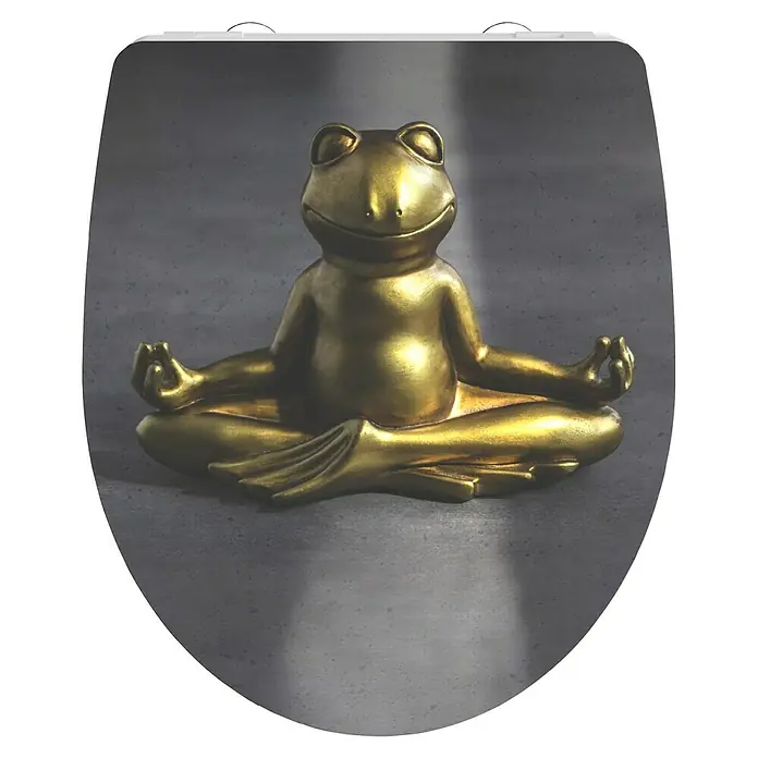Schütte WC-Sitz Relaxing Frog - Duroplast, Grau/Gold, Mit Absenkautomatik - WC-Sitz mit einem goldenen Frosch in Meditationspose, der für eine entspannende Atmosphäre im Badezimmer sorgt.