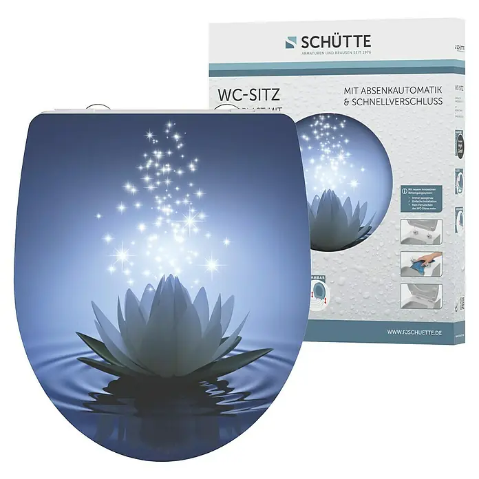 Schütte WC-Sitz Water Lily - Duroplast, Blau, Mit Absenkautomatik - Produktbild: Der SCHÜTTE WC-Sitz mit Lotusblüten-Design und Absenkautomatik für ein stilvolles und komfortables Badezimmererlebnis.