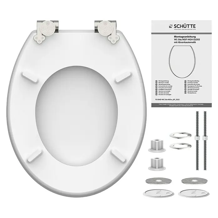Schütte WC-Sitz Shell Heart - MDF, Blau/Braun, Mit Absenkautomatik - Das Bild zeigt einen weißen WC-Sitz MDF HIGH GLOSS mit Absenkautomatik von Schütte, inklusive Montageanleitung und Zubehör.