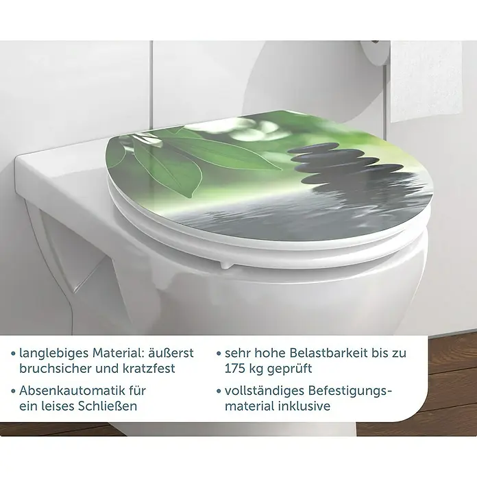 Schütte WC-Sitz Oasis - MDF, Grün/Schwarz, Mit Absenkautomatik - WC-Sitz mit Zen-Motiv: Langlebig, bruchsicher und kratzfest. Absenkautomatik und Befestigungsmaterial inklusive für einfache Montage.