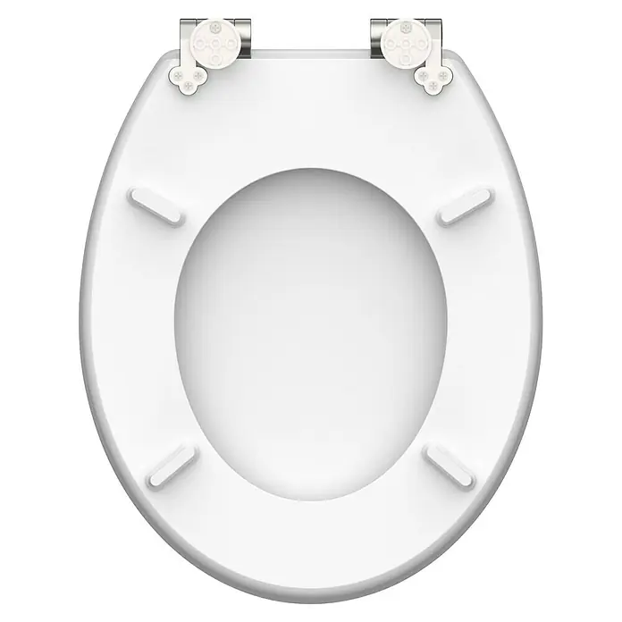 Schütte WC-Sitz Black Stone - MDF, Schwarz, Mit Absenkautomatik - Nahaufnahme eines weißen Toilettensitzes mit silbernen Beschlägen und glatter Oberfläche.