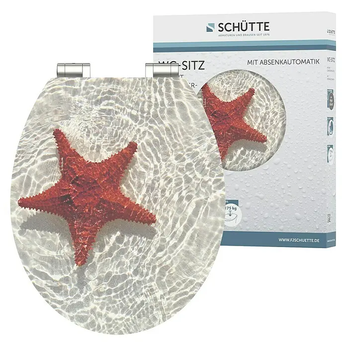 Schütte WC-Sitz Red Starfish - MDF, Beige/Rot, Mit Absenkautomatik - Ein WC-Sitz von Schütte mit einem dekorativen Seestern-Motiv und Absenkautomatik, verpackt in einem schlichten Karton mit Produktinformationen.