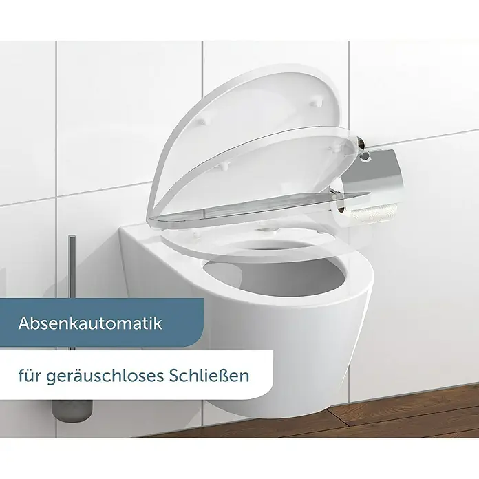 Schütte WC-Sitz Round Dips - Duroplast, Grau/Schwarz, Mit Absenkautomatik - Nahaufnahme einer modernen Toilette mit Absenkautomatik für geräuschloses Schließen. Elegantes Design für jedes Badezimmer.