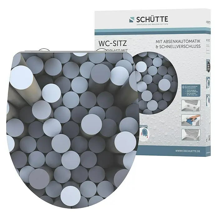 Schütte WC-Sitz Round Dips - Duroplast, Grau/Schwarz, Mit Absenkautomatik - WC-Sitz von Schütte mit Absenkautomatik und Schnellverschluss. Das Produkt wird in einer ansprechenden Verpackung präsentiert.
