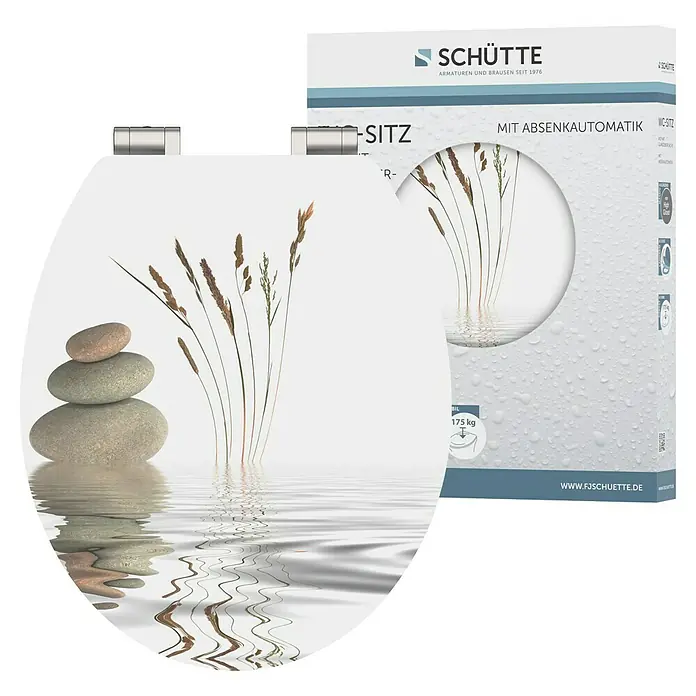 Schütte WC-Sitz Balance - MDF, Weiß/Beige, Mit Absenkautomatik - Produktbild der Schütte WC-Sitze mit Absenkautomatik, mit beruhigendem Wasser- und Steinmotiv, das die sanfte Schließfunktion hervorhebt.