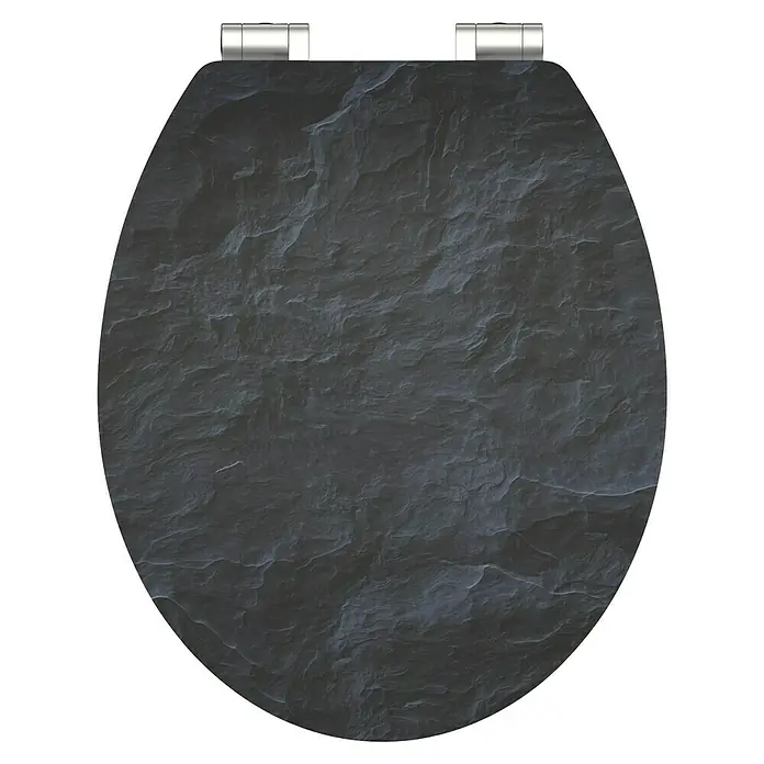Schütte WC-Sitz Black Stone - MDF, Schwarz, Mit Absenkautomatik - Ein WC-Sitz in Schieferoptik mit silbernen Scharnieren, der eine elegante Note in jedes Badezimmer bringt. Robustes und stilvolles Design.