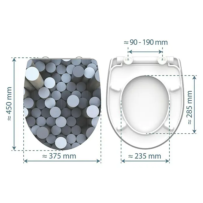 Schütte WC-Sitz Round Dips - Duroplast, Grau/Schwarz, Mit Absenkautomatik - Abbildung eines WC-Sitzes mit den Maßen von ca. 450 mm Höhe und 375 mm Breite für den Deckel und 285 x 235 mm für die Sitzfläche.