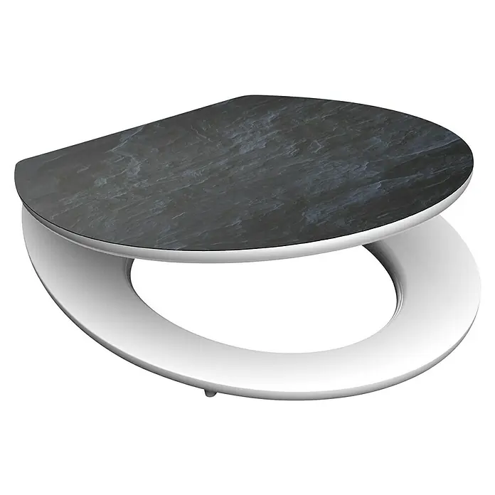 Schütte WC-Sitz Black Stone - MDF, Schwarz, Mit Absenkautomatik - Eine elegante Toilettensitzkombination mit einem stilvollen Marmor-Effekt-Deckel auf einem modernen weißen Sitzring.