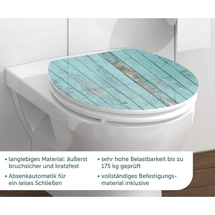 Schütte WC-Sitz Blue Wood - MDF, Türkis/Braun, Mit Absenkautomatik - Toilettensitz mit blauem Holzdesign, langlebig, kratzfest und belastbar bis 175 kg, inklusive Befestigungsmaterial.