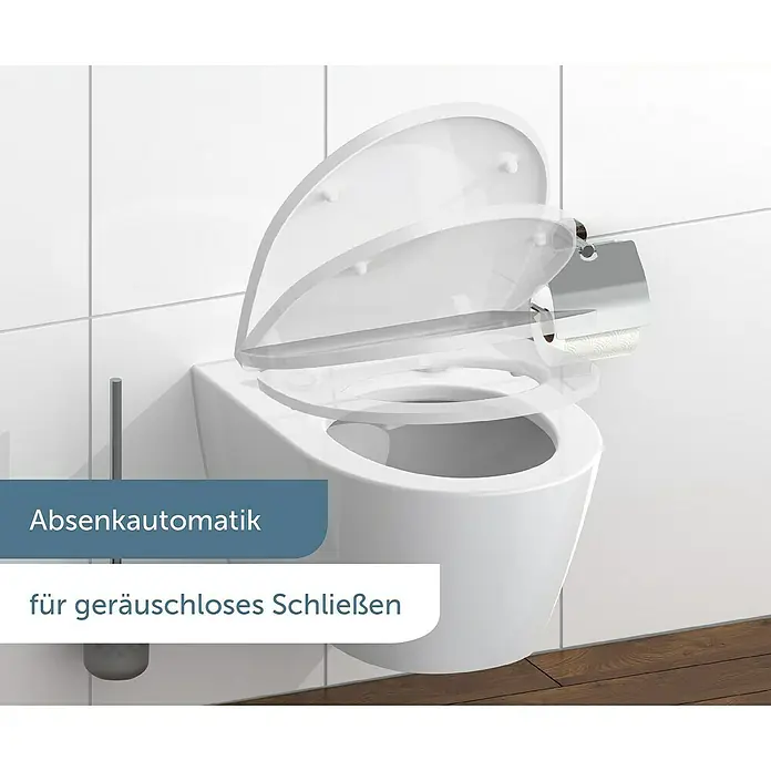 Schütte WC-Sitz Raindrop - Duroplast, Grün, Mit Absenkautomatik - Weißes WC mit Absenkautomatik: Deckel und Sitz zeigen die geräuschlose Schließfunktion.