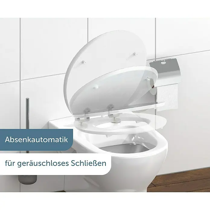 Schütte WC-Sitz Shell Heart - MDF, Blau/Braun, Mit Absenkautomatik - Nahaufnahme einer Toilette mit Absenkautomatik für geräuschloses Schließen, ideal für jedes moderne Badezimmer.