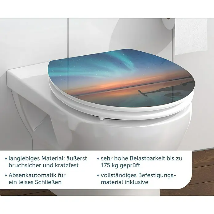 Schütte WC-Sitz Polar Lights - MDF, Blau/Orange, Mit Absenkautomatik - WC-Sitz mit Aurora-Motiv: Langlebiges Material, bruch- und kratzfest, Absenkautomatik und hohe Belastbarkeit bis 175 kg.
