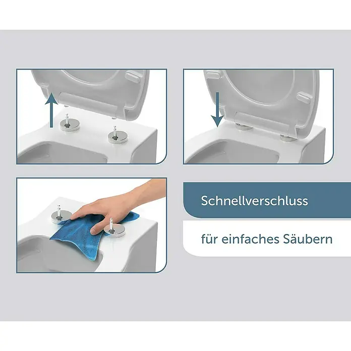 Schütte WC-Sitz Magic Light - Duroplast, Bunt, Mit Absenkautomatik - Abbildung eines WC-Sitzes mit Schnellverschluss zum einfachen Reinigen, dargestellt in vier Schritten.