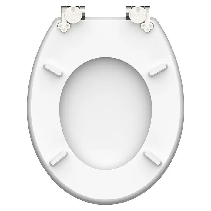 Schütte WC-Sitz Red Starfish - MDF, Beige/Rot, Mit Absenkautomatik - Ein hochauflösendes Bild eines weißen WC-Sitzes mit Befestigungen, ideal für Sanitärbedarf und Badezimmerdesign.