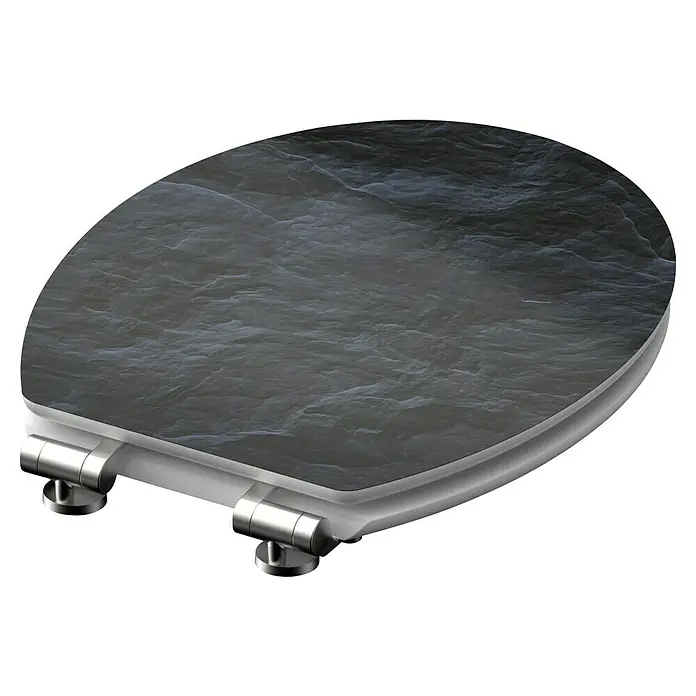 Schütte WC-Sitz Black Stone - MDF, Schwarz, Mit Absenkautomatik - Dieses Bild zeigt einen Toilettensitz mit einem Steinmuster auf der Oberseite. Der Toilettensitz hat silberne Scharniere und eine glatte, graue Oberfläche.