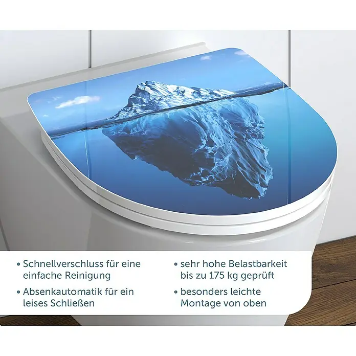 Schütte WC-Sitz Iceberg - Duroplast, Blau, Mit Absenkautomatik - WC-Sitz mit Eisbergmotiv. Der WC-Sitz verfügt über eine Absenkautomatik für ein leises Schließen und ist leicht zu reinigen.