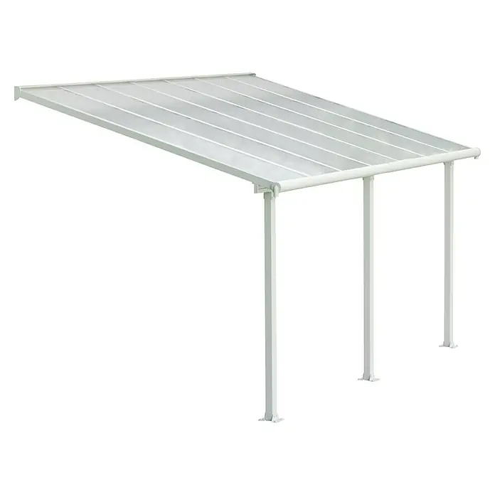 Palram – Canopia Terrassenüberdachung Olympia - B x T: 425 x 300 cm, Verkehrsweiß, Polycarbonat, Transparent - Das Bild zeigt eine weiße Terrassenüberdachung mit durchscheinender Bedachung und drei Stützpfosten. Die Überdachung bietet Schutz vor Sonne und Regen.
