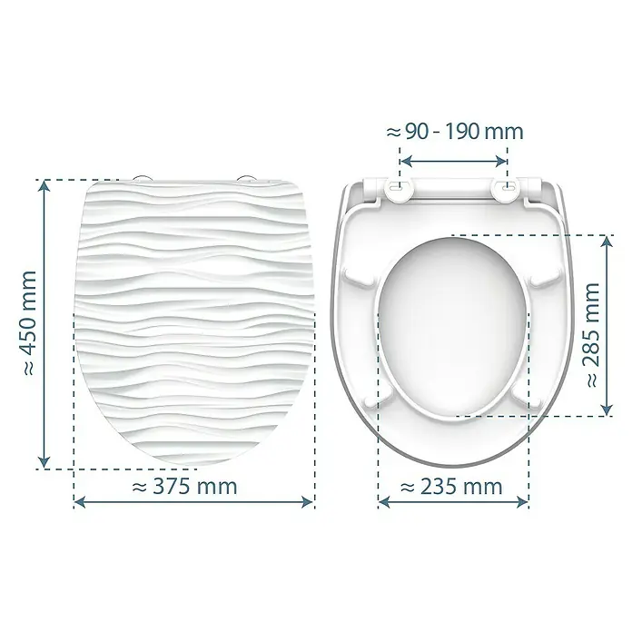 Schütte WC-Sitz White Wave - Duroplast, Weiß/Grau, Mit Absenkautomatik - Abmessungen eines weißen Toilettendeckels mit gewellter Oberfläche, inklusive Länge, Breite und Abstand der Befestigungslöcher.