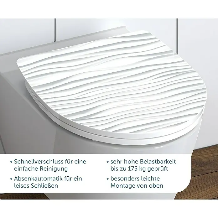 Schütte WC-Sitz White Wave - Duroplast, Weiß/Grau, Mit Absenkautomatik - Nahaufnahme eines WC-Sitzes mit Wellenmuster, der Komfort und einfache Reinigung vereint. Belastbar bis 175 kg, leichte Montage.