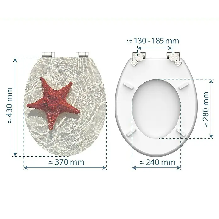 Schütte WC-Sitz Red Starfish - MDF, Beige/Rot, Mit Absenkautomatik - Produktabbildung eines Toilettensitzes mit Seesternmotiv und Maßangaben für die Installation. Der Sitz ist in Weiß und zeigt einen roten Seestern.