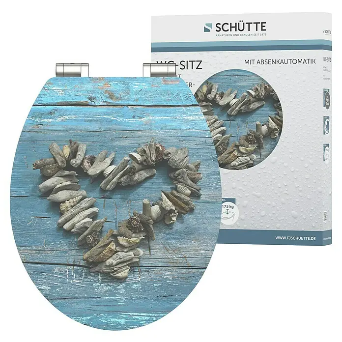 Schütte WC-Sitz Shell Heart - MDF, Blau/Braun, Mit Absenkautomatik - WC-Sitz von Schütte mit Absenkautomatik, Dekor aus Treibholz und Muscheln in Herzform. Für Badezimmer mit maritimem Flair.