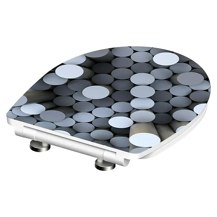 Schütte WC-Sitz Round Dips - Duroplast, Grau/Schwarz, Mit Absenkautomatik - Illustration eines Deckenpaneels mit zylindrischen Akustikelementen, die Schallabsorption und modernes Design vereinen.