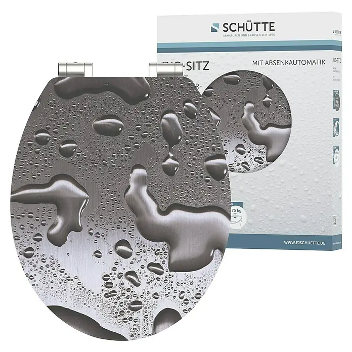 Schütte WC-Sitz Grey Steel - MDF, Grau, Mit Absenkautomatik - Produktabbildung eines WC-Sitzes der Marke Schütte mit Absenkautomatik in Chromoptik, dargestellt mit Wassertropfen für Frische.